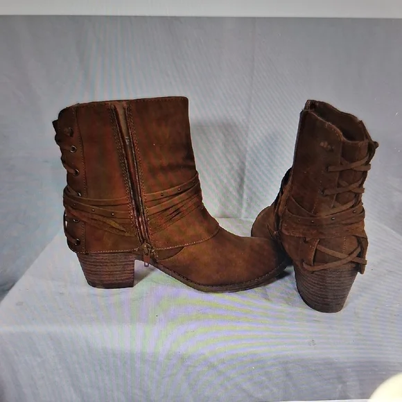 Sugar Brown Suede-Look Ankle Booties with Wrap Strap - Picture 3 of 7